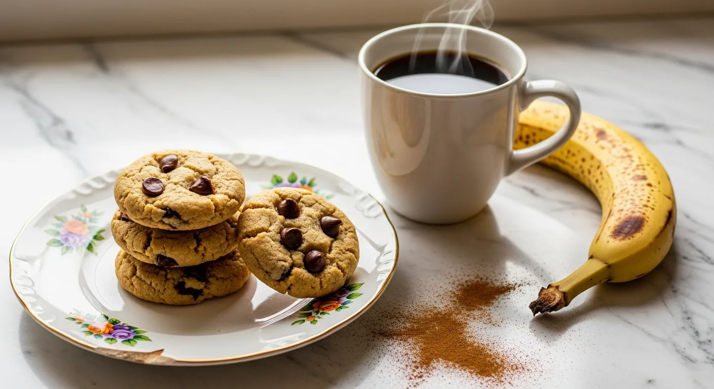 Banana Bread Cookies Recipe: How to Transform Old Bananas 6 A styled serving scene: banana bread cookies on a vintage plate with a mug of coffee, a banana, and a sprinkle of cinnamon powder on a marble countertop.