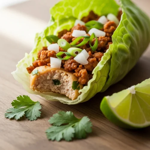 Freshly made chicken lettuce wrap with Asian-style ground chicken filling, water chestnuts, and herbs spilling out of crisp lettuce cup, healthy dinner.