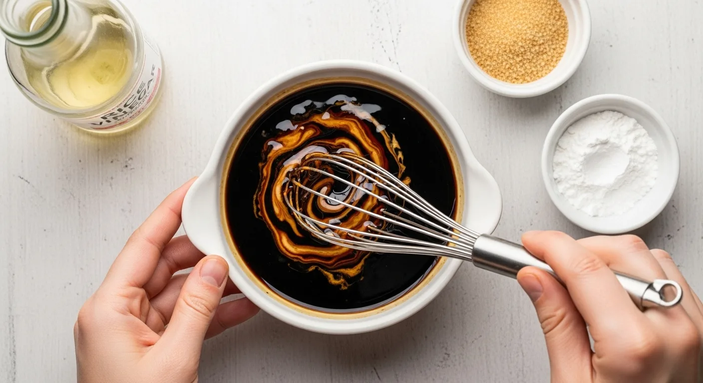 Salad Chicken Wraps: How to Make 6 Restaurant-Style Recipes 1 Whisking homemade Asian sauce for chicken lettuce wraps with soy sauce, oyster sauce, and sesame oil in a bowl, quick healthy recipe.