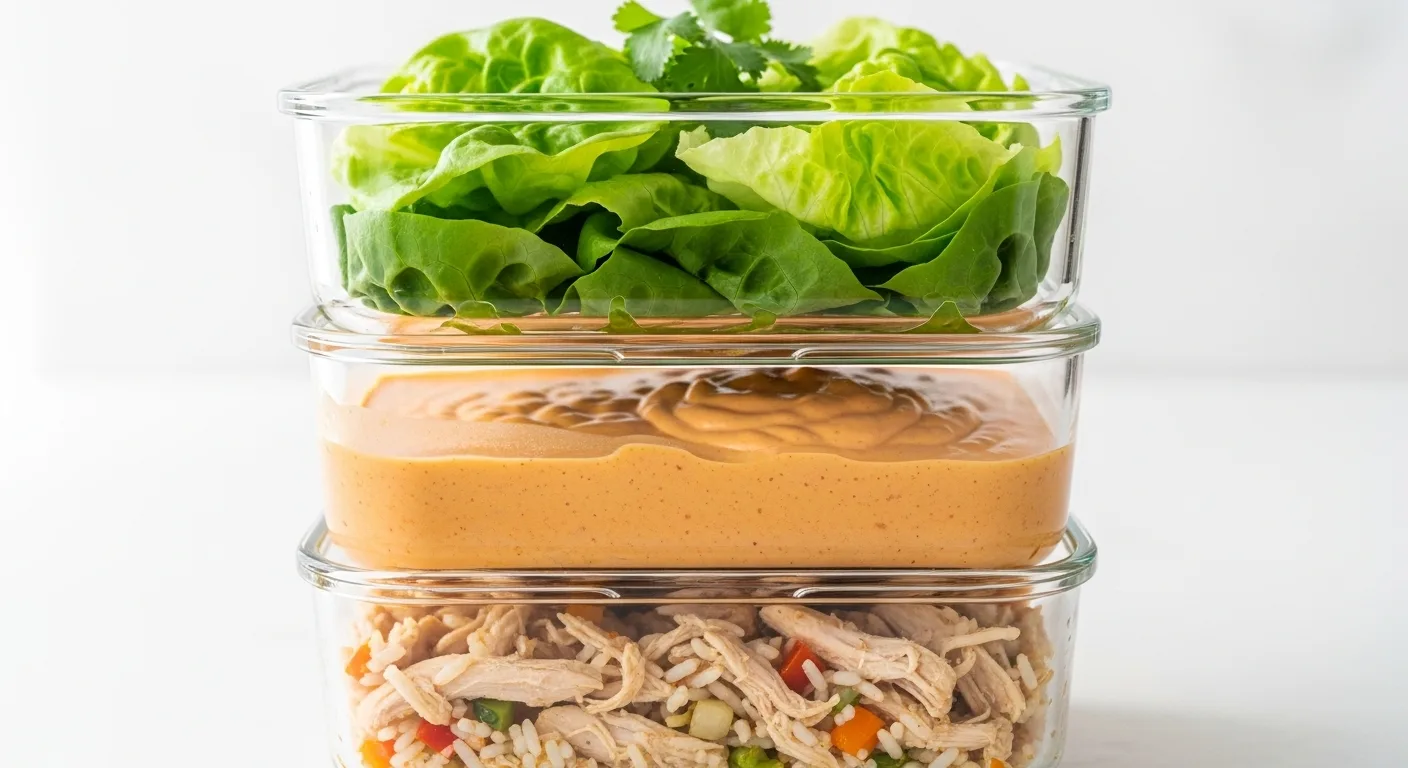 Salad Chicken Wraps: How to Make 6 Restaurant-Style Recipes 5 Meal prep for chicken lettuce wraps Asian style in glass containers, gluten-free lunches for the week, 30-minute recipe.