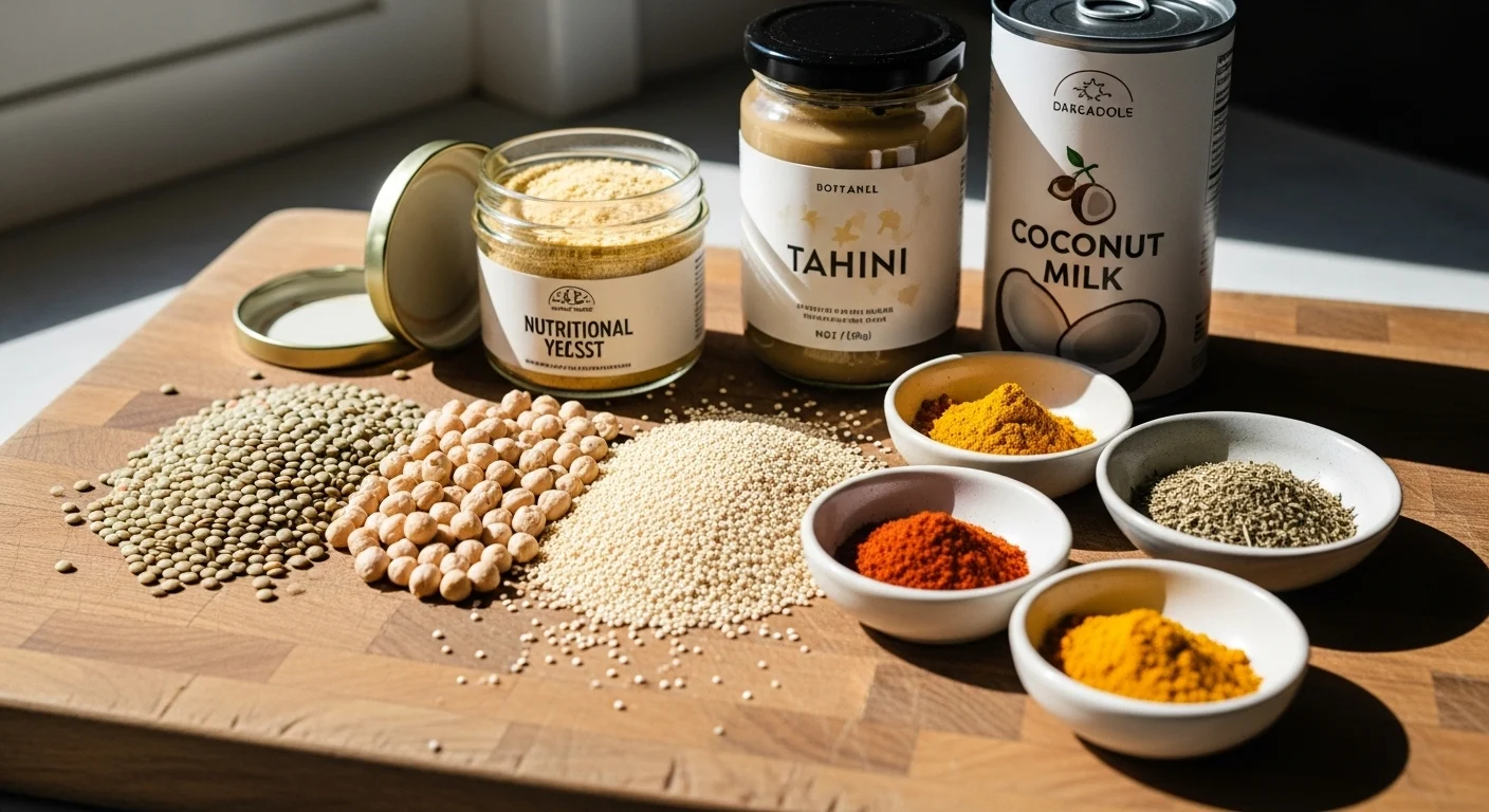 Vegan Meal Prep Ideas: How To Plan 7 Days Of Healthy Meals Fast 2 Essential vegan meal prep ingredients including lentils, chickpeas, quinoa, and nutritional yeast arranged on wooden cutting board