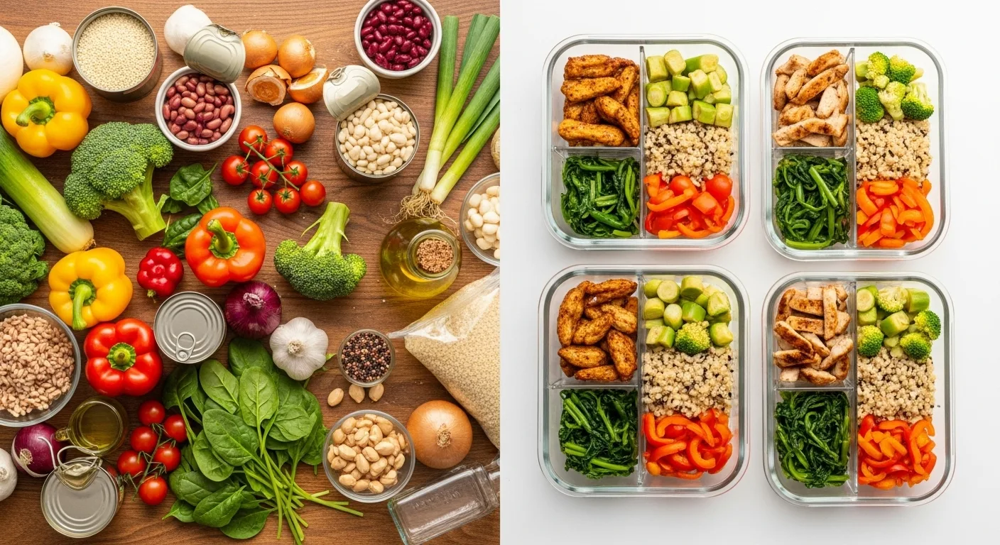 Vegan Meal Prep Ideas: How To Plan 7 Days Of Healthy Meals Fast 10 Before and after vegan meal prep transformation showing raw ingredients converted into organized plant-based meals in glass containers
