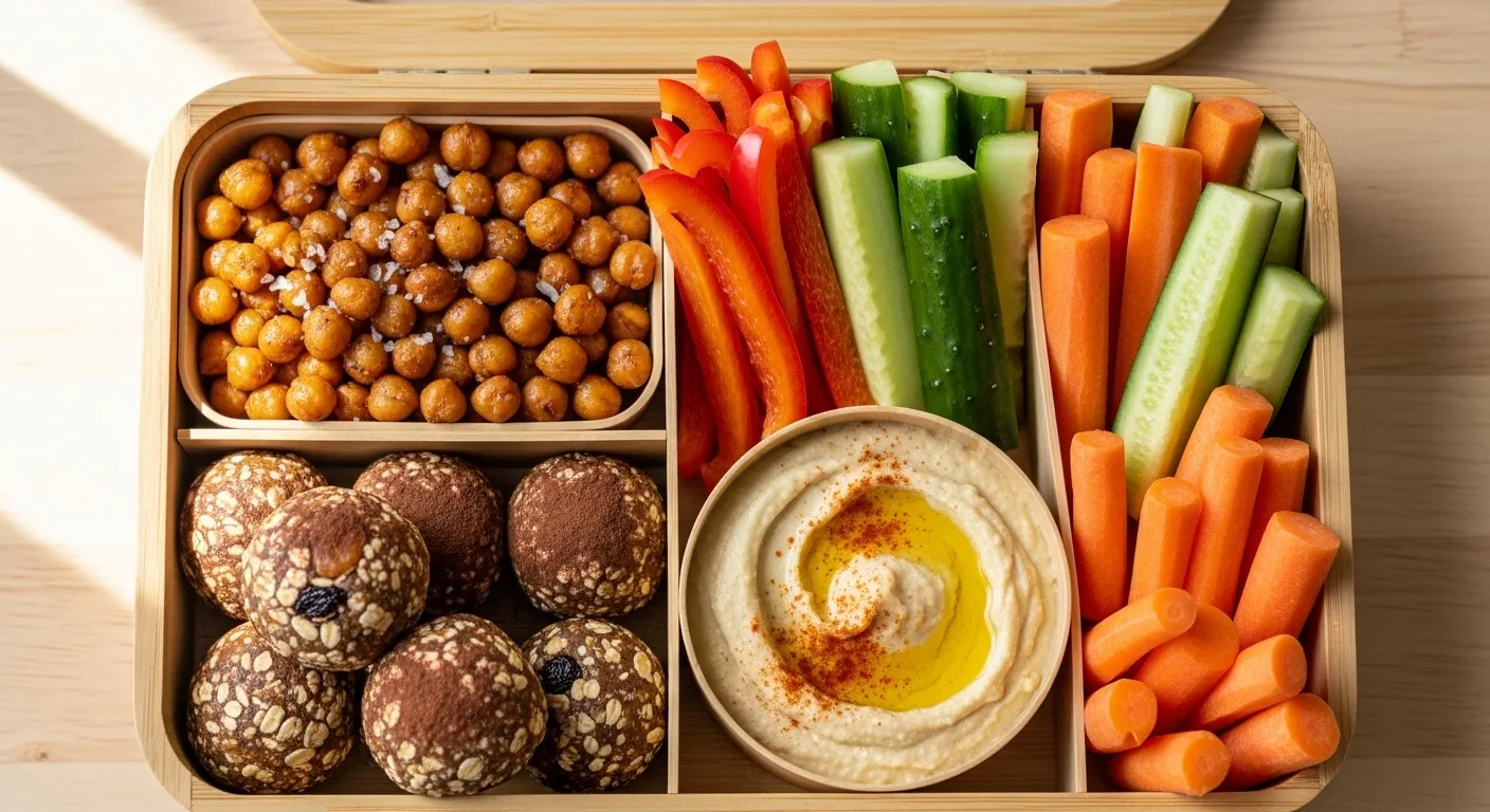 Vegan Meal Prep Ideas: How To Plan 7 Days Of Healthy Meals Fast 6 Bento-style container with vegan snacks including roasted chickpeas, energy balls, fresh vegetables, and hummus for healthy meal prep
