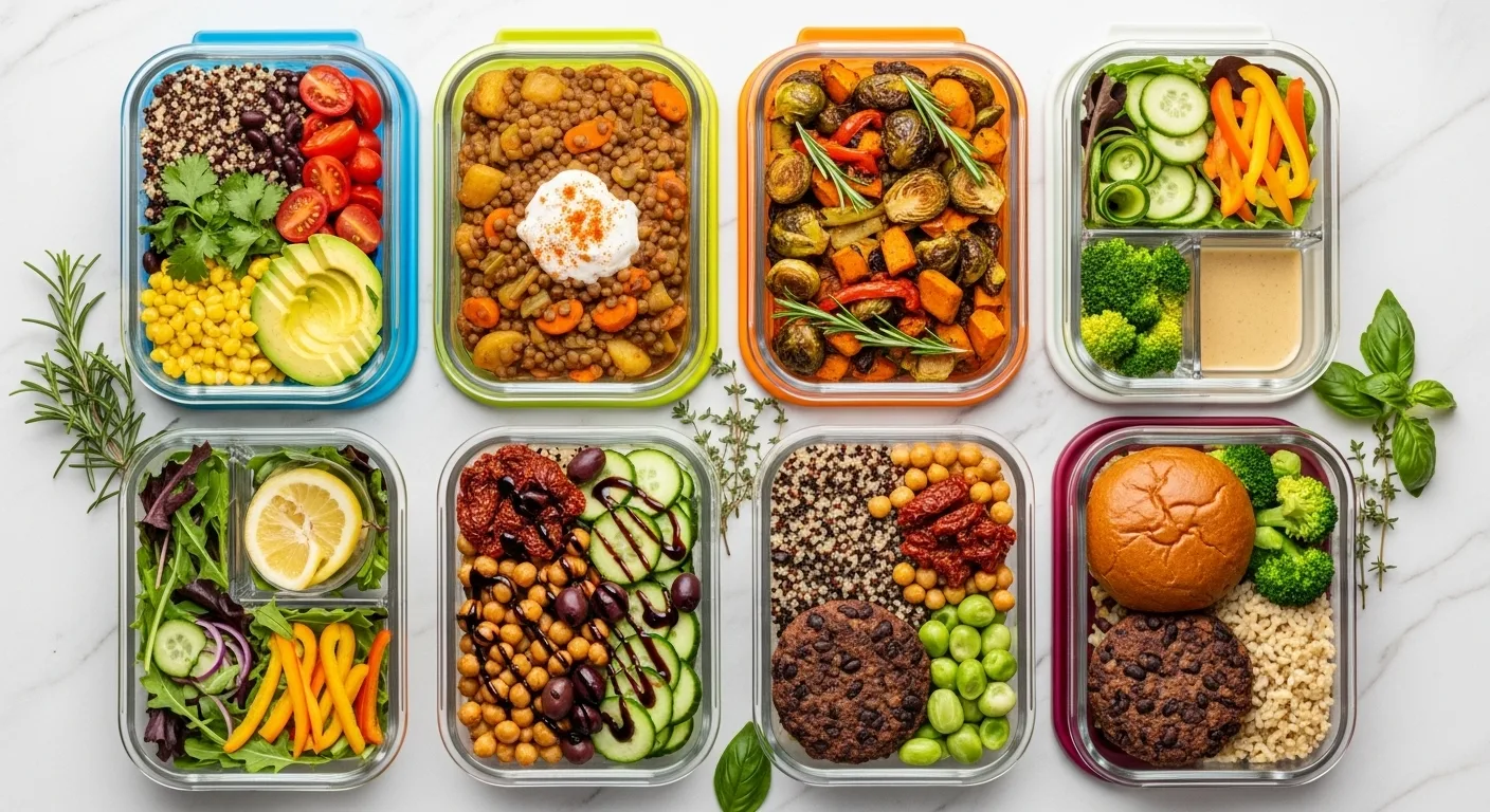 Vegan Meal Prep Ideas: How To Plan 7 Days Of Healthy Meals Fast 1 Colorful vegan meal prep ideas containers with quinoa bowls, lentil stews, and fresh salads arranged on marble countertop - weekly plant-based meal planning