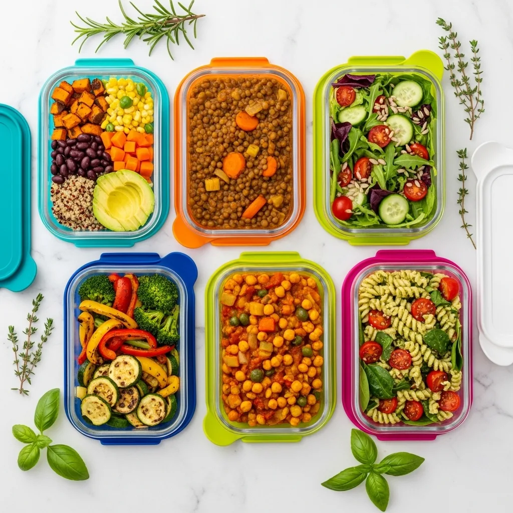 Colorful vegan meal prep containers with quinoa bowls, lentil stews, and fresh salads arranged on marble countertop - weekly plant-based meal planning