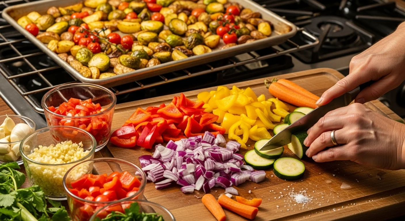 Vegan Meal Prep Ideas: How To Plan 7 Days Of Healthy Meals Fast 11 Hands chopping fresh vegetables for vegan meal prep with glass containers and roasted vegetables in background