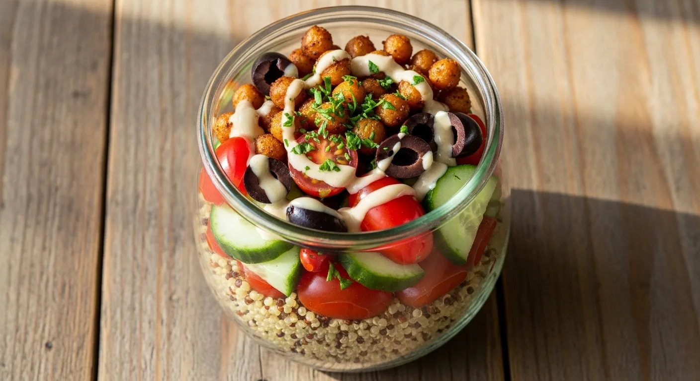 Vegan Meal Prep Ideas: How To Plan 7 Days Of Healthy Meals Fast 4 High protein vegan lunch bowl with quinoa, chickpeas, tomatoes, and tahini dressing in glass meal prep container