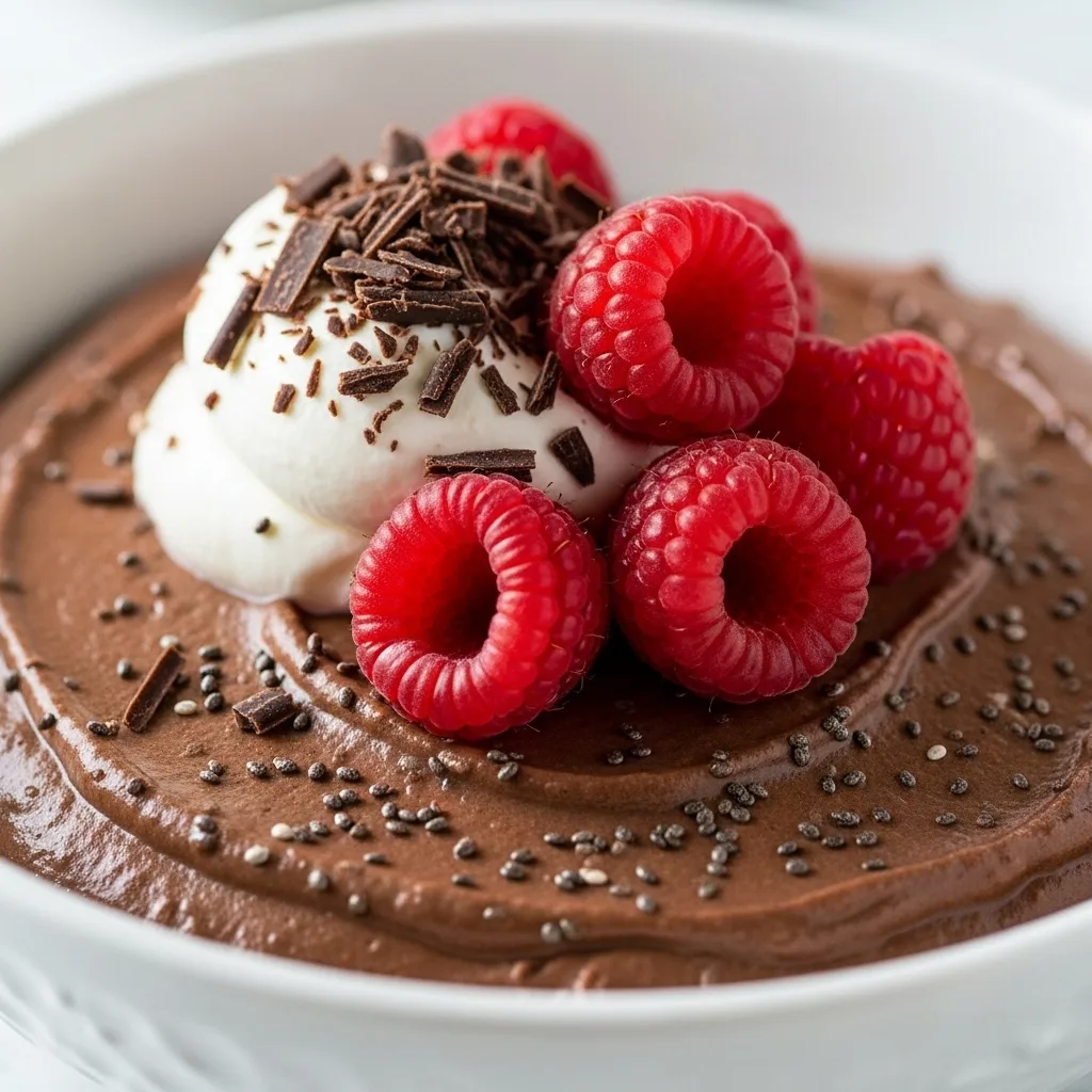Silky cottage cheese chocolate mousse in a bowl topped with raspberries, whipped cream, shaved chocolate, and chia seeds.