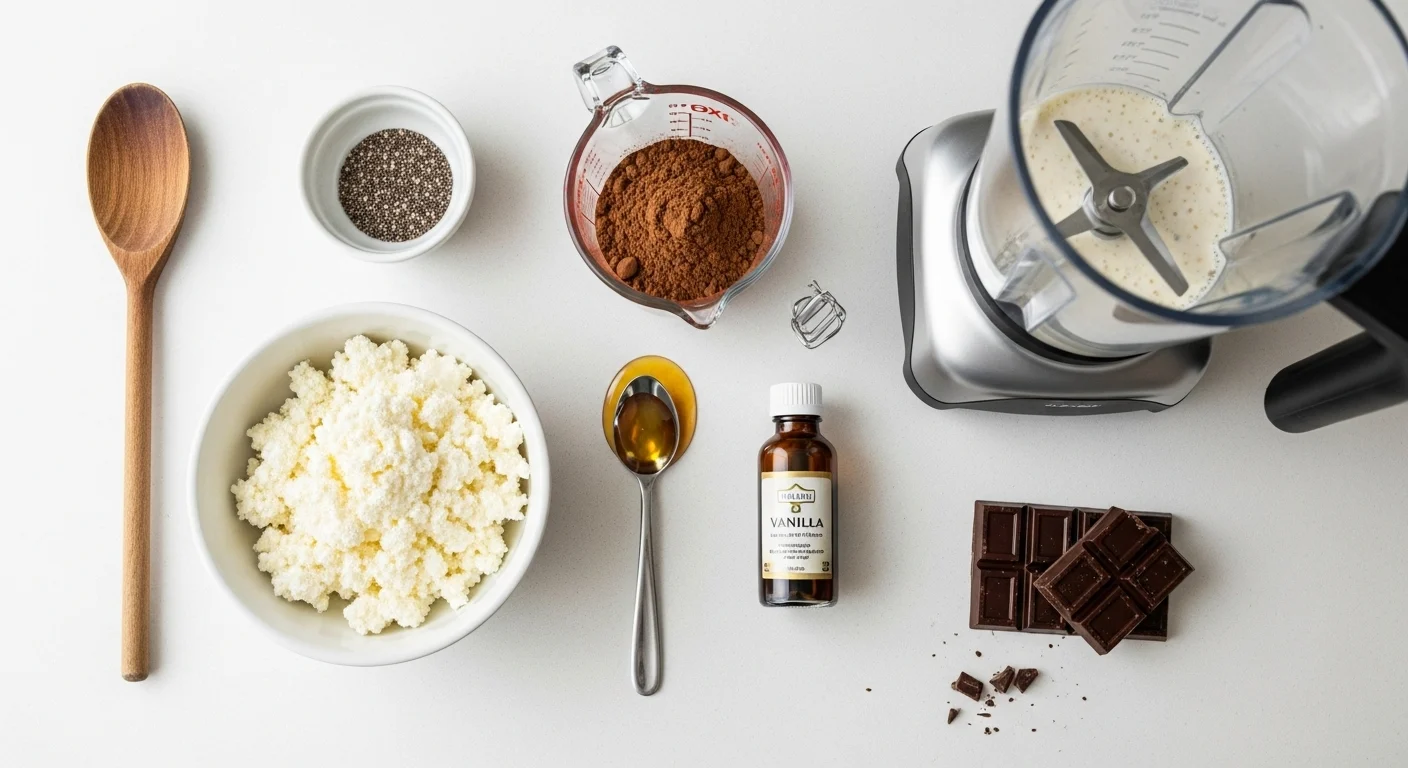 Ingredients for cottage cheese chocolate mousse: cottage cheese, cocoa powder, honey, chia seeds, vanilla extract, and a blender.