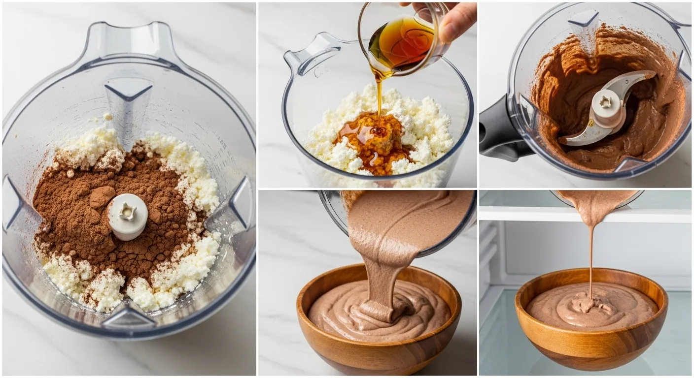 Step-by-step process: blending cottage cheese with cocoa powder, adding honey, and chilling the mousse mixture.