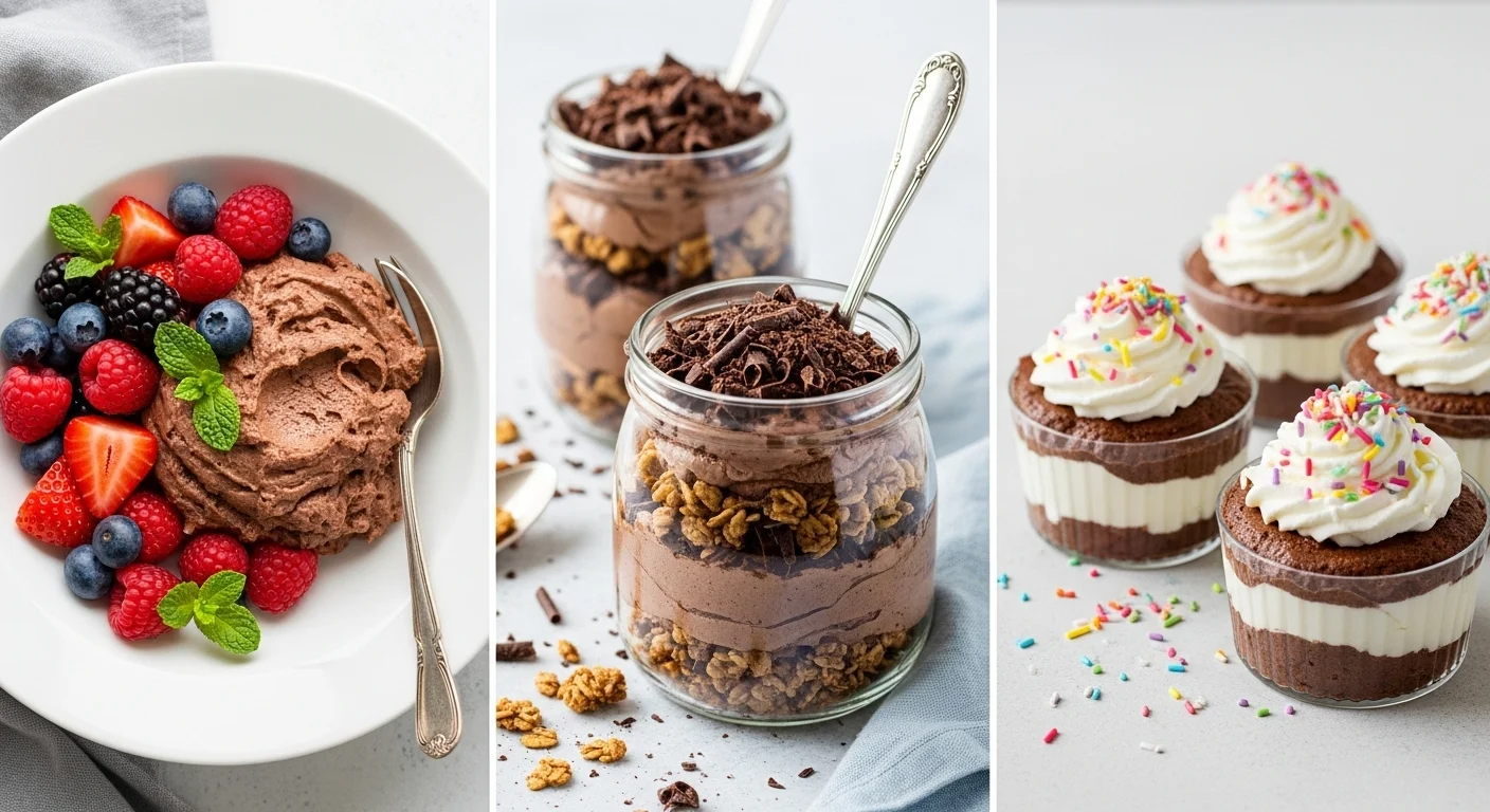 Three serving styles: mousse in a bowl with berries, layered in a jar with granola, and in mini cups with whipped cream.