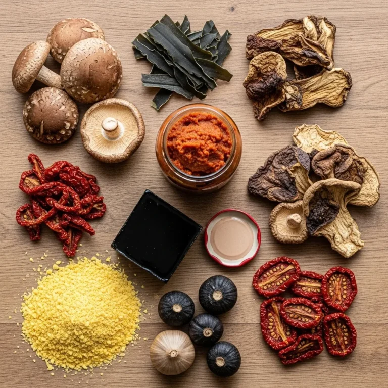 A vibrant collection of vegan umami plant based powerhouses: mushrooms, miso paste, tamari, nutritional yeast, sun-dried tomatoes, kombu seaweed, and black garlic.