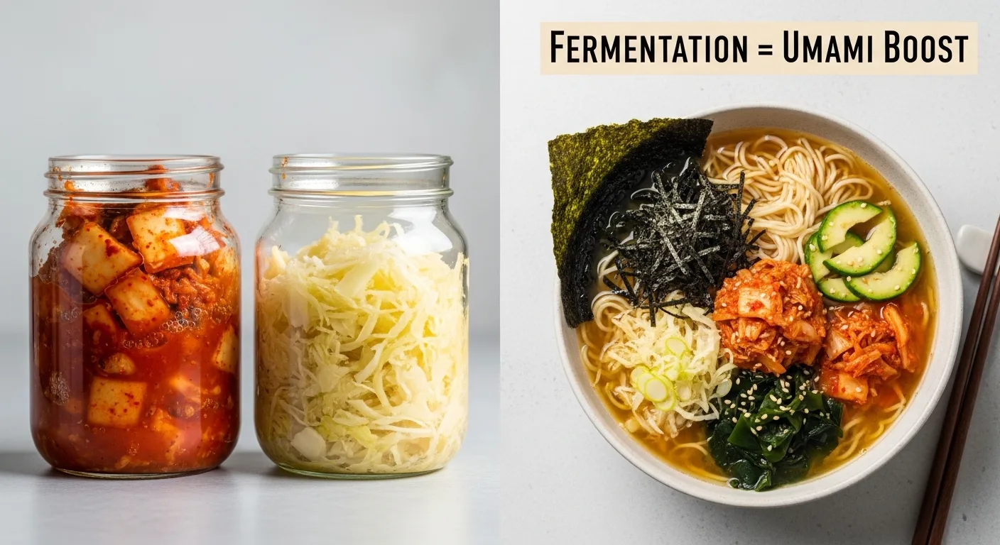 Left: Fermenting kimchi and sauerkraut jars. Right: Vegan ramen with miso broth, seaweed, and fermented veggies.