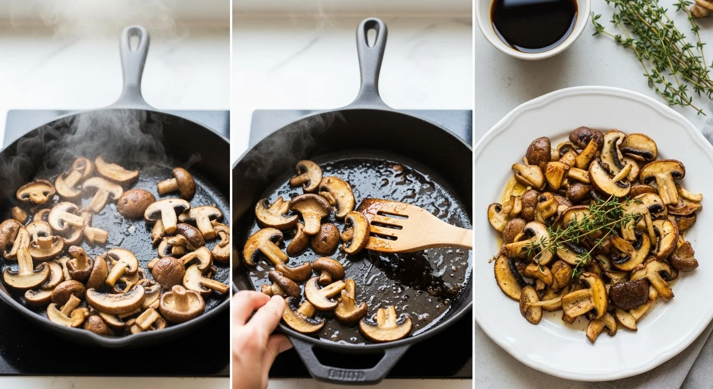 Step-by-step: Searing mushrooms, caramelizing edges, and deglazing with tamari to create umami-rich sauce.