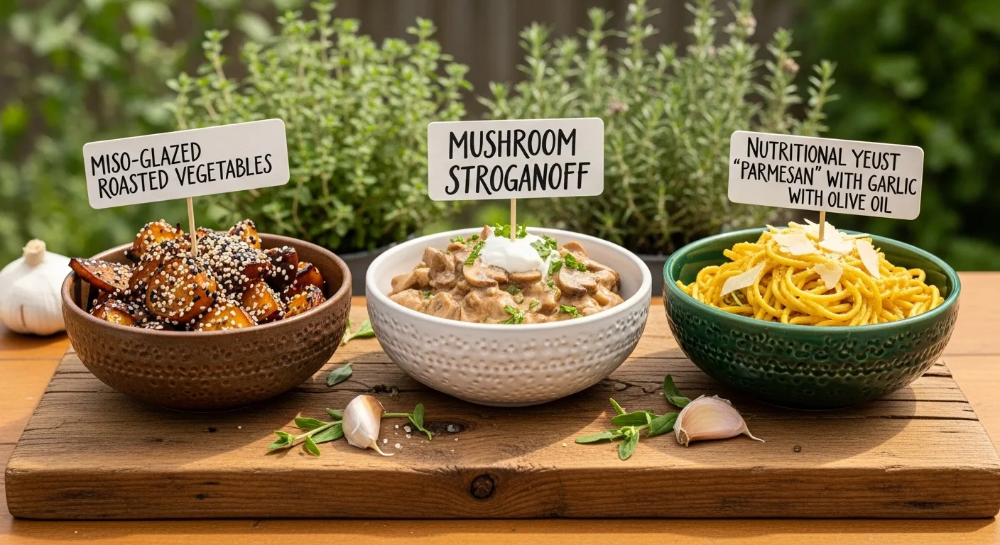 Three vegan umami recipes: miso-glazed vegetables, mushroom stroganoff, and nutritional yeast pasta.