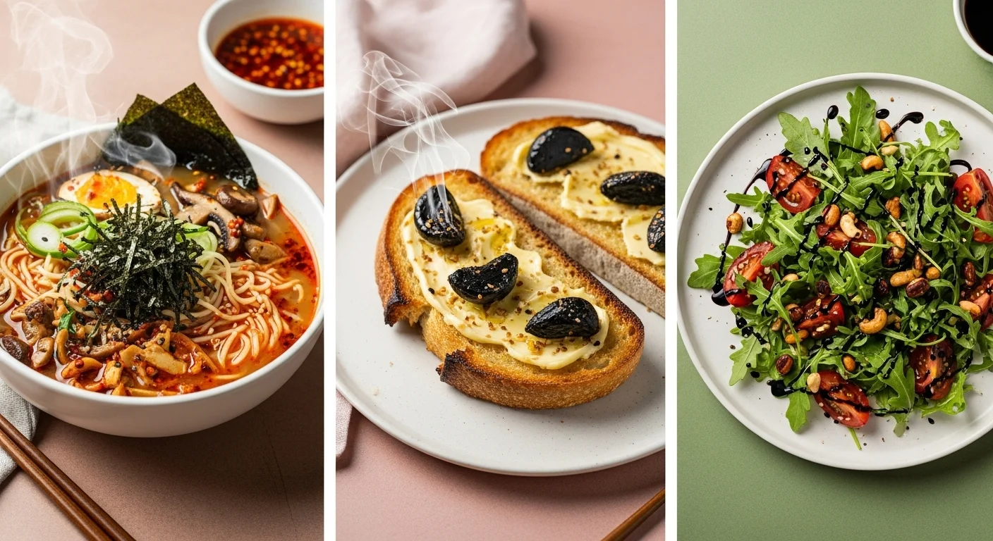Three serving styles: Mushroom ramen, umami butter toast, and balsamic tomato salad with tamari nuts.