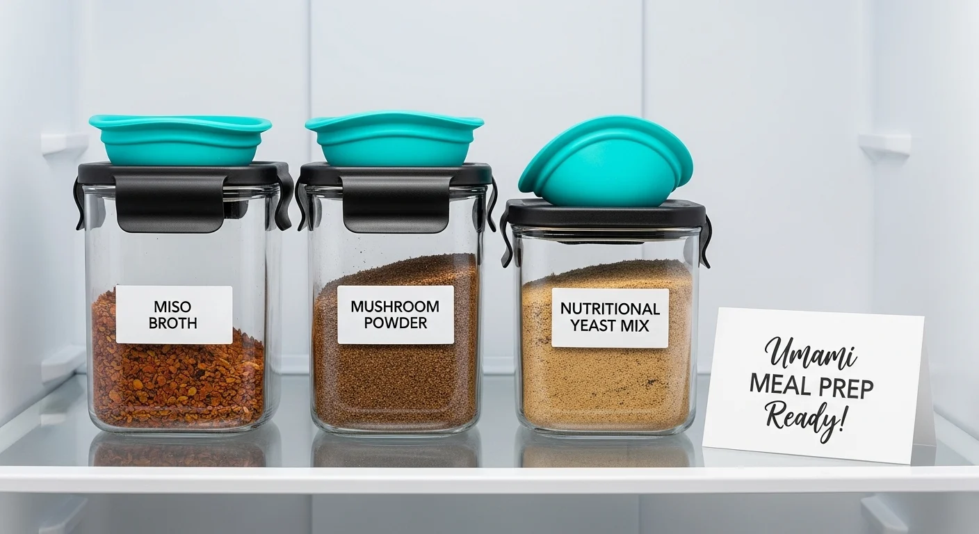 Meal-prepped umami staples: miso broth, mushroom powder, and nutritional yeast mix in labeled glass containers.