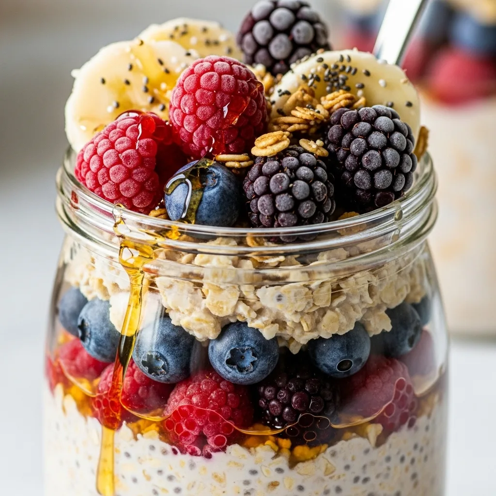 Berry Overnight Oats in a glass jar topped with fresh berries, banana slices, granola, and chia seeds.