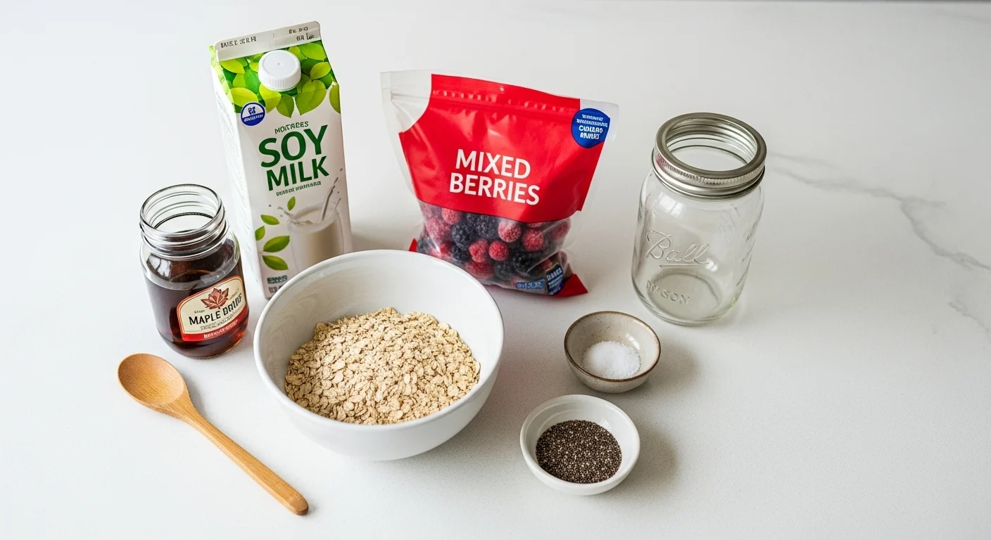 Berry Overnight Oats Recipe: How to Make 4 Healthy Bowls 2 Ingredients for Berry Overnight Oats: rolled oats, frozen mixed berries, plant-based milk, chia seeds, maple syrup, and salt.