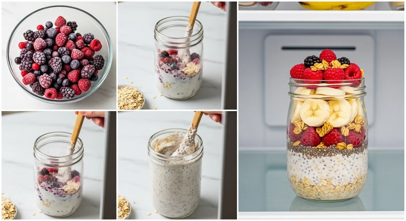 Berry Overnight Oats Recipe: How to Make 4 Healthy Bowls 3 Step-by-step process: thawing berries, mixing ingredients, stirring, and refrigerating Berry Overnight Oats.