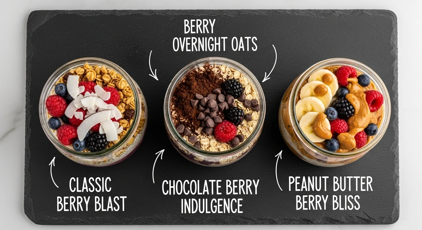 Berry Overnight Oats Recipe: How to Make 4 Healthy Bowls 5 Three Berry Overnight Oats variations: Classic Berry Blast, Chocolate Berry, and Peanut Butter Berry.