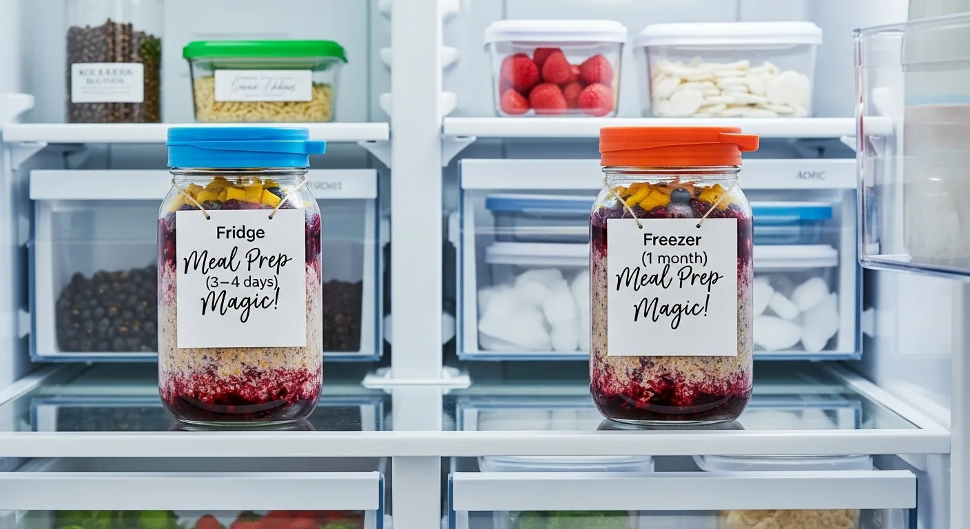 Berry Overnight Oats Recipe: How to Make 4 Healthy Bowls 7 Labeled glass jars for storing berry overnight oats in the fridge and freezer.