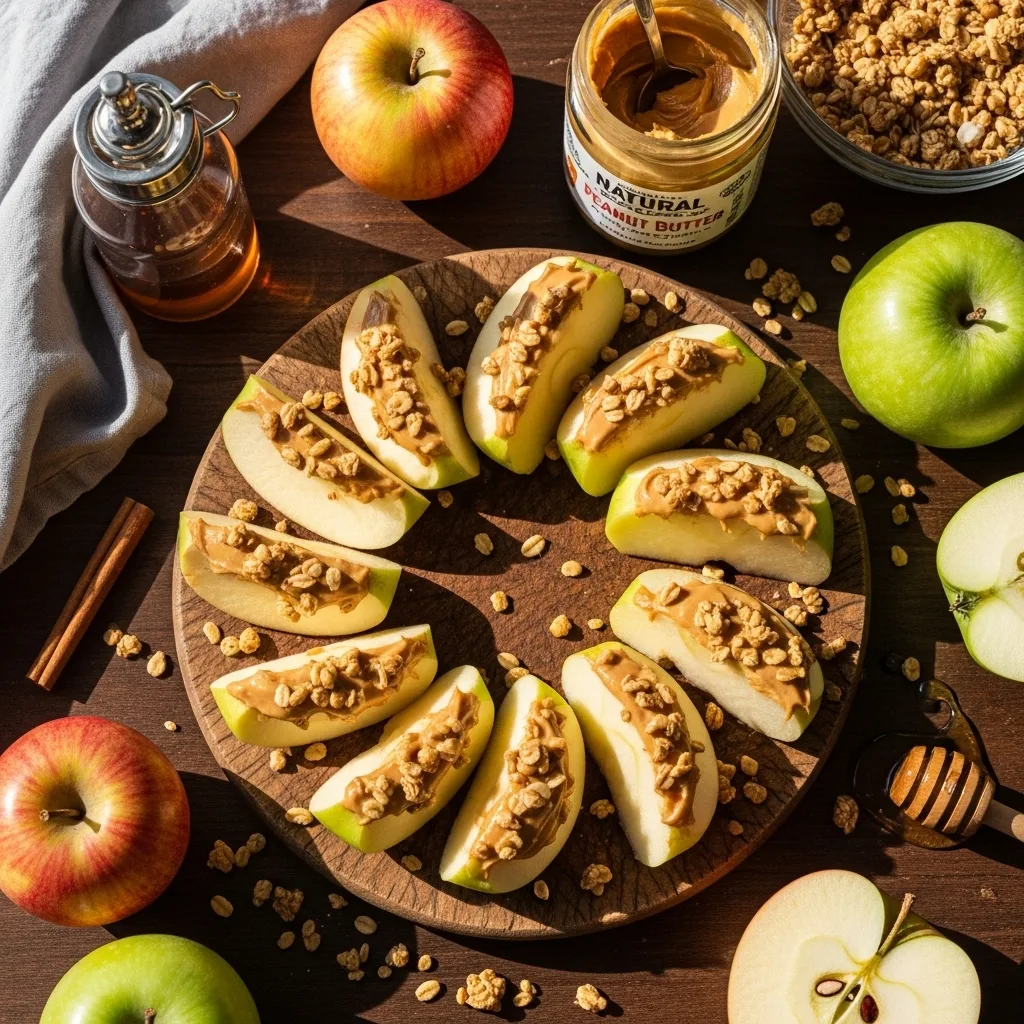 Freshly sliced red and green apples arranged on a wooden board, each topped with creamy peanut butter and crunchy granola. A jar of peanut butter, glass bowl of granola, whole apples, and cinnamon stick surround the dish.