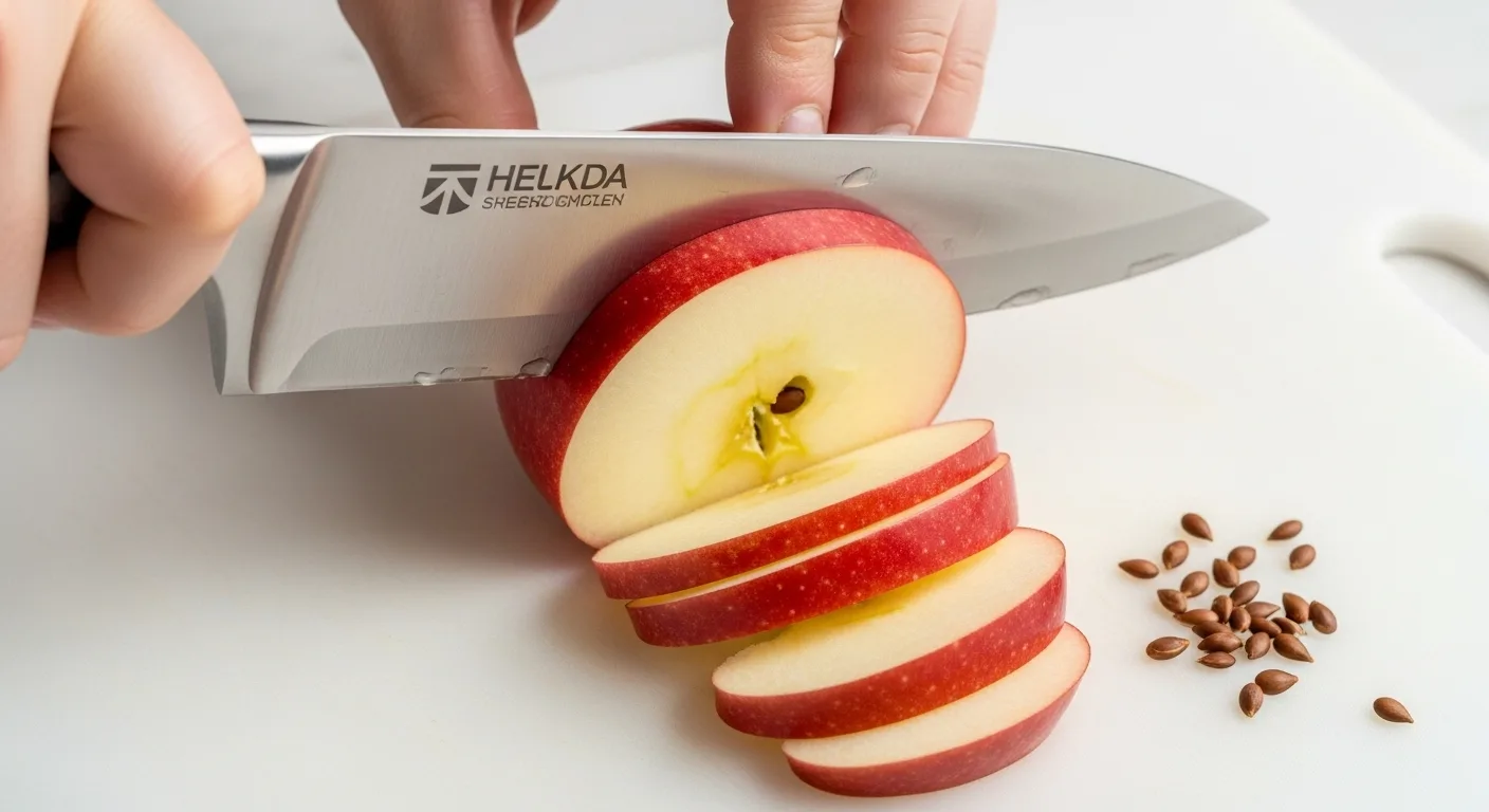 Apple Slices With Peanut Butter & Granola: How To Make In 3 Steps 3 A hand holding a stainless steel knife slicing a red apple into thick wedges on a white ceramic cutting board, with fresh slices and seeds scattered nearby.