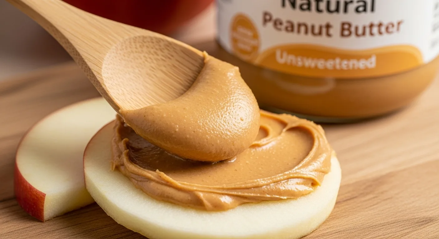 Apple Slices With Peanut Butter & Granola: How To Make In 3 Steps 4 A wooden spoon spreading creamy peanut butter onto a freshly cut apple slice, with a glass jar of natural peanut butter in the background