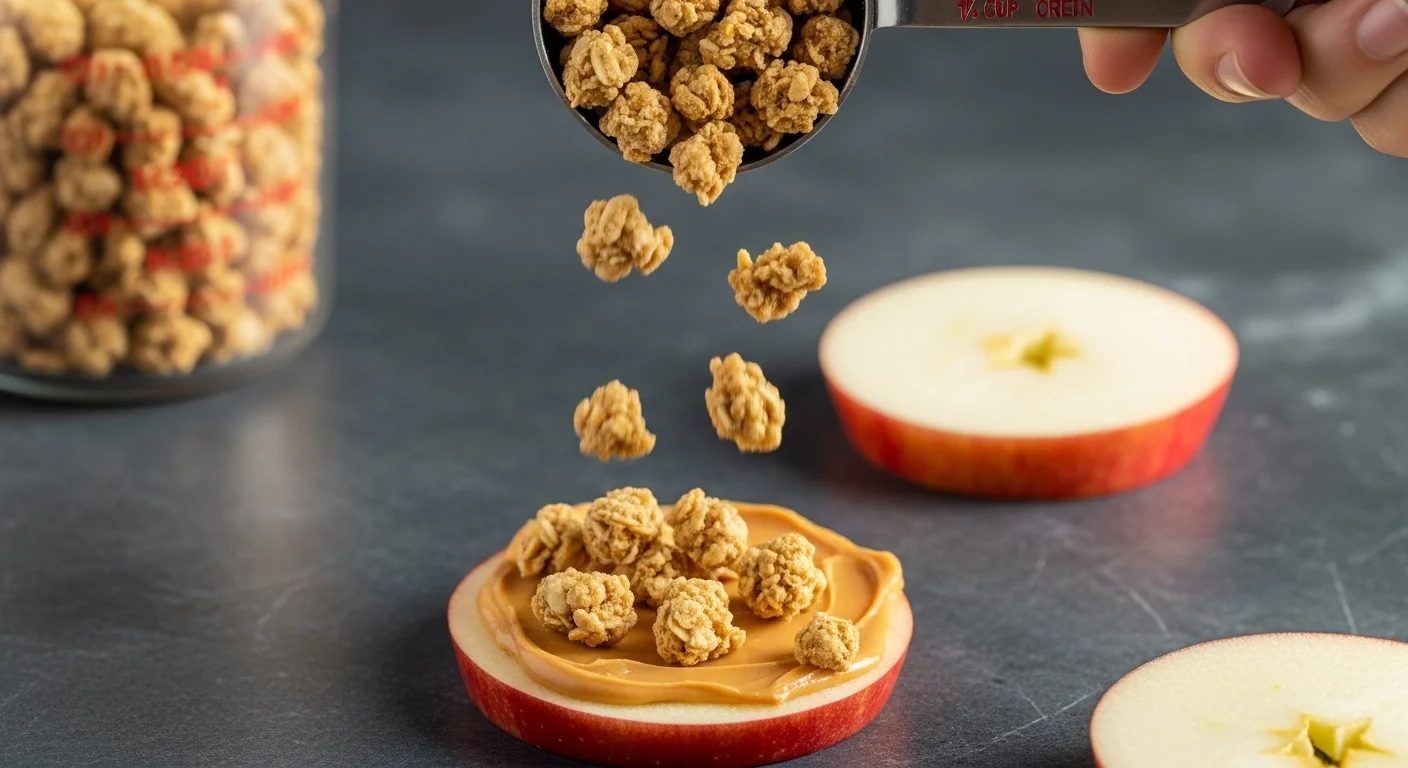 Apple Slices With Peanut Butter & Granola: How To Make In 3 Steps 5 Golden granola clusters mid-air as they’re sprinkled over a peanut butter-topped apple slice, styled on a dark marble countertop with a measuring cup nearby.