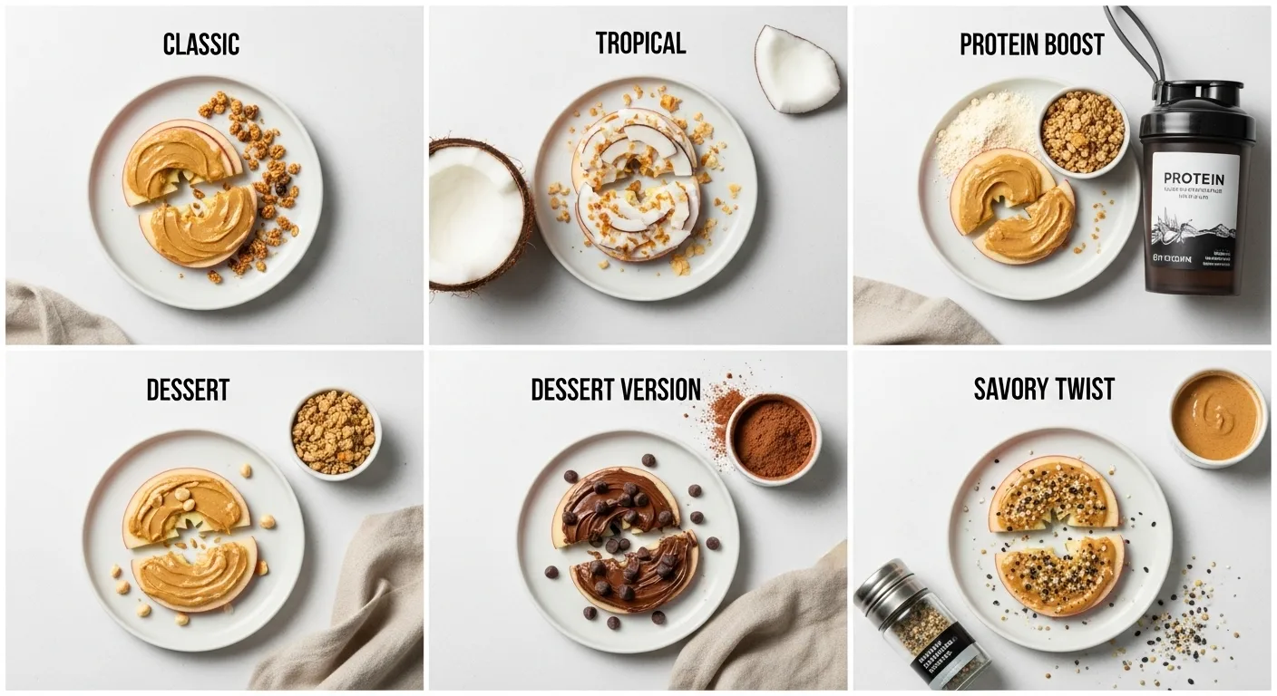 Apple Slices With Peanut Butter & Granola: How To Make In 3 Steps 8 Five variations of Apple Slices with Peanut Butter & Granola and toppings: classic, tropical, protein boost, dessert, and savory styles, each styled on individual white plates