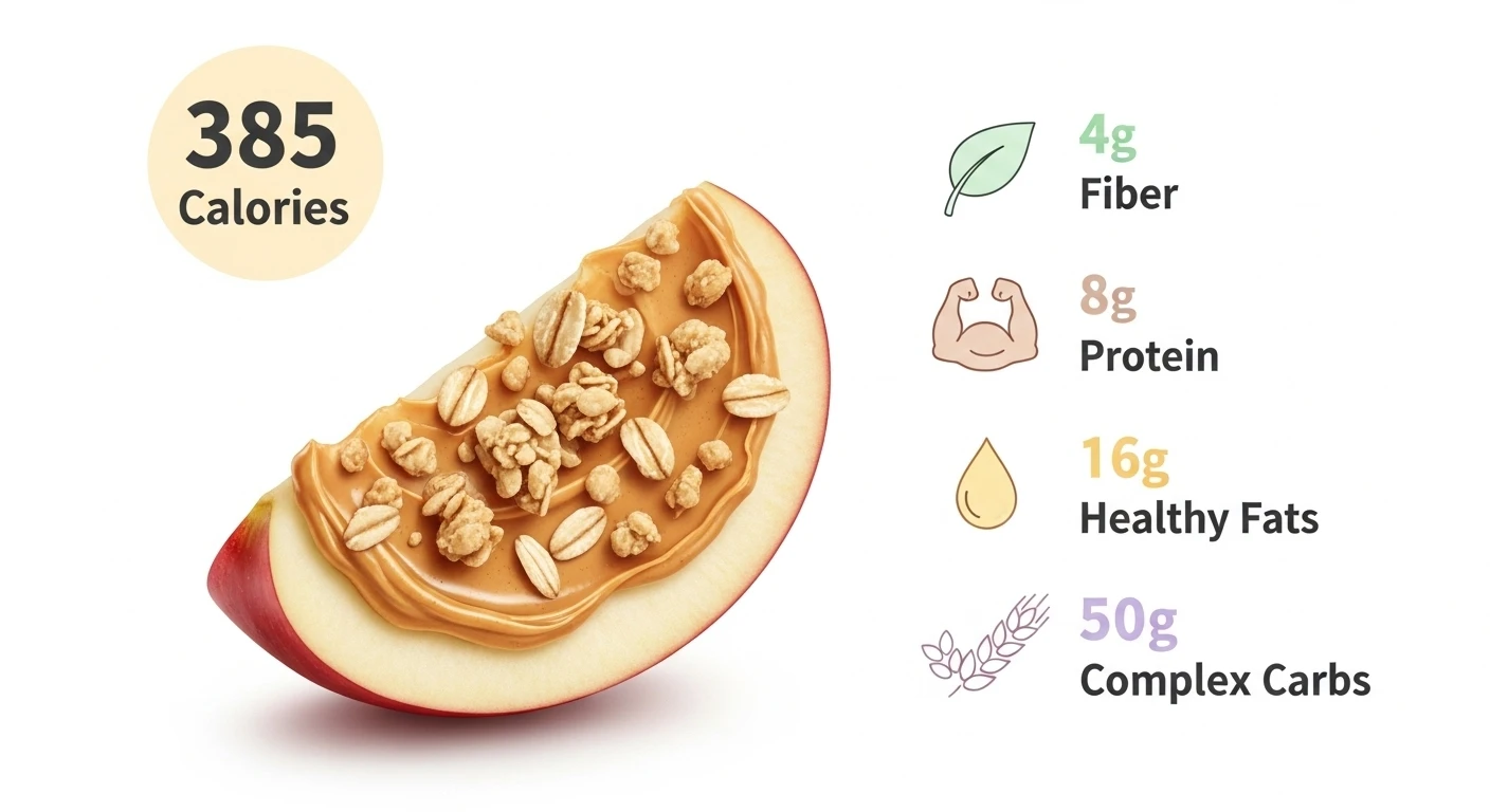 Apple Slices With Peanut Butter & Granola: How To Make In 3 Steps 7 Nutrition facts infographic for apple slices with peanut butter and granola showing 385 calories, 4g fiber, 8g protein, 16g healthy fats, and 50g complex carbs, with accompanying icons.