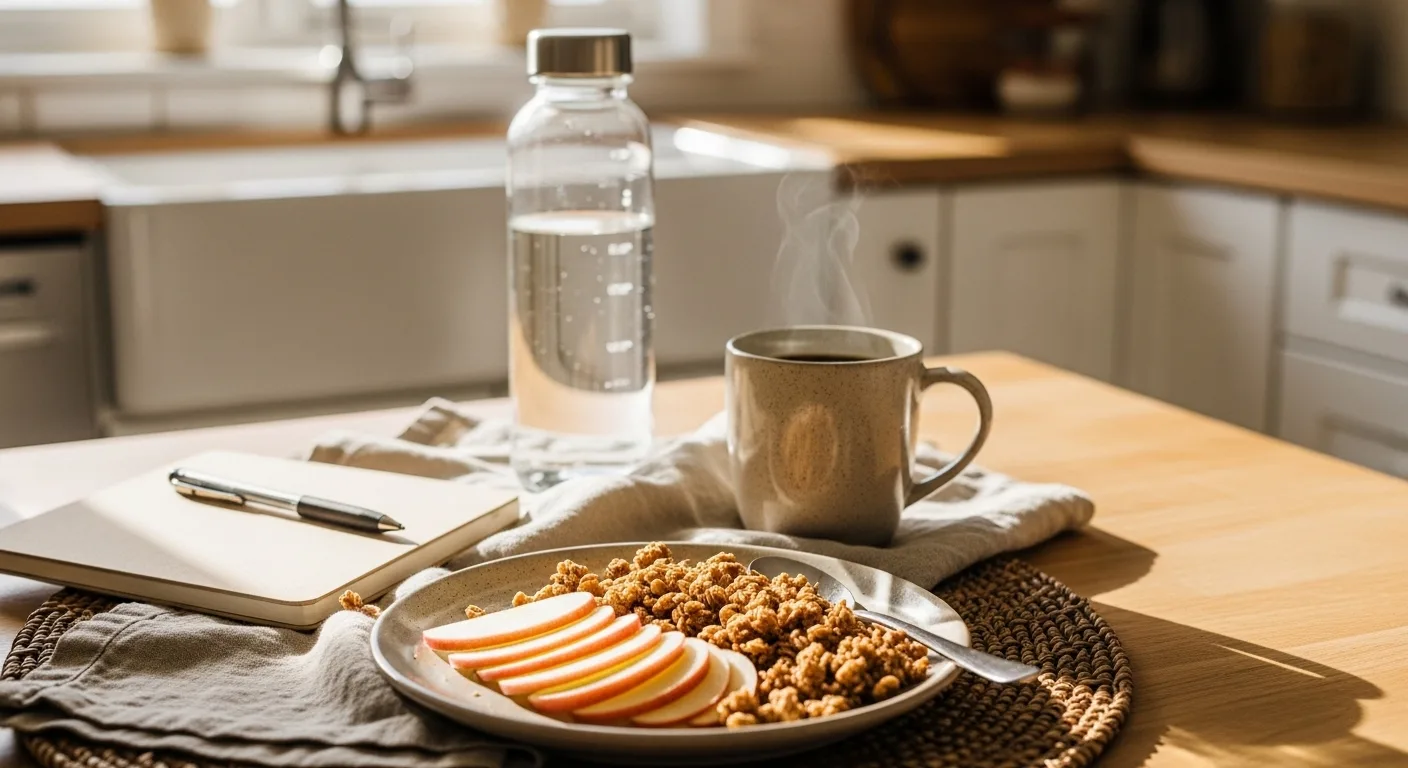 Apple Slices With Peanut Butter & Granola: How To Make In 3 Steps 9 A ceramic plate of apple slices topped with peanut butter and granola, paired with a mug of coffee, water bottle, and journal on a sunlit breakfast table.