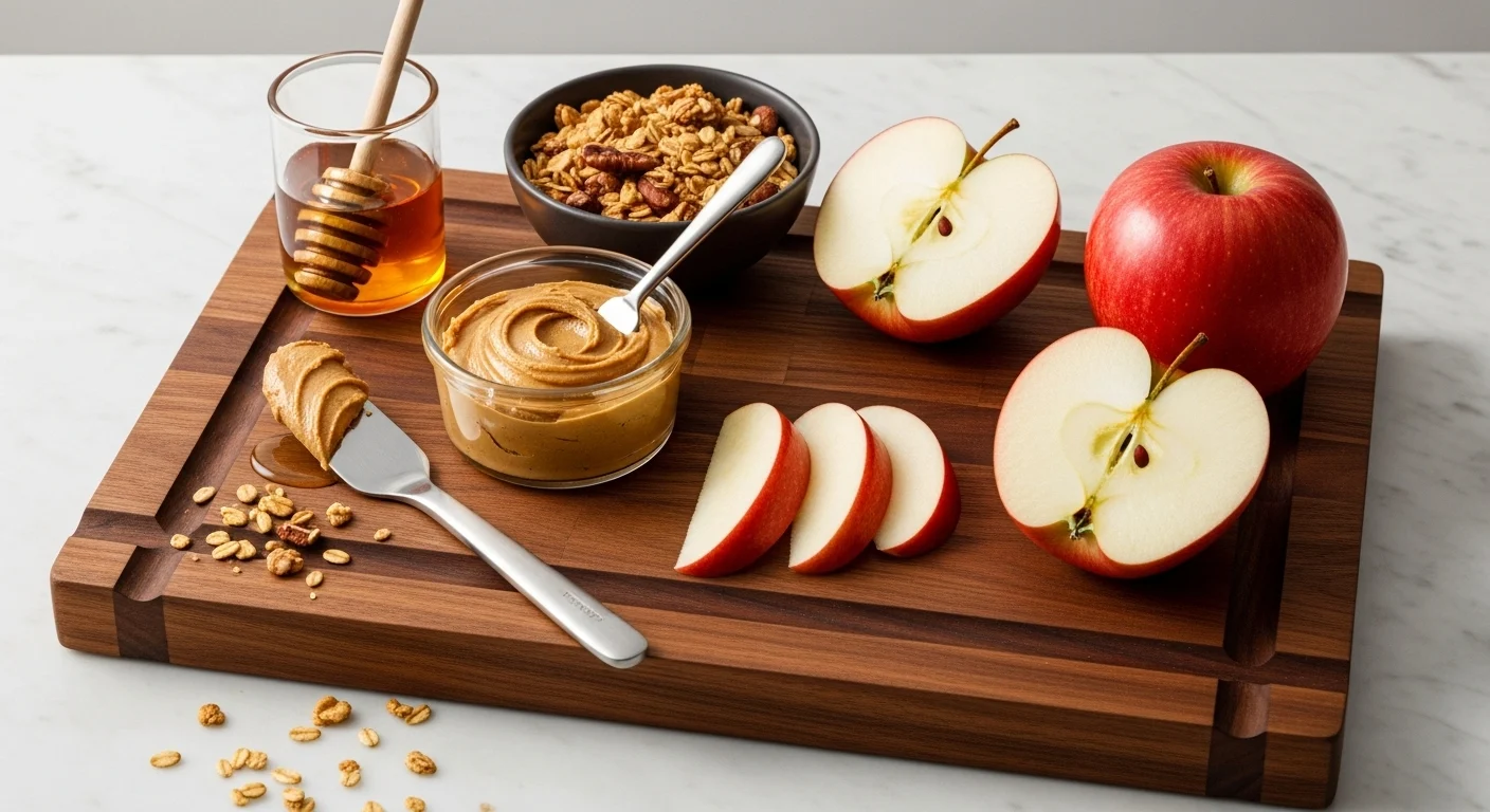 Apple Slices With Peanut Butter & Granola: How To Make In 3 Steps 2 Fresh apple slices, natural peanut butter, and granola ingredients professionally arranged on a dark wooden cutting board with chef's tools