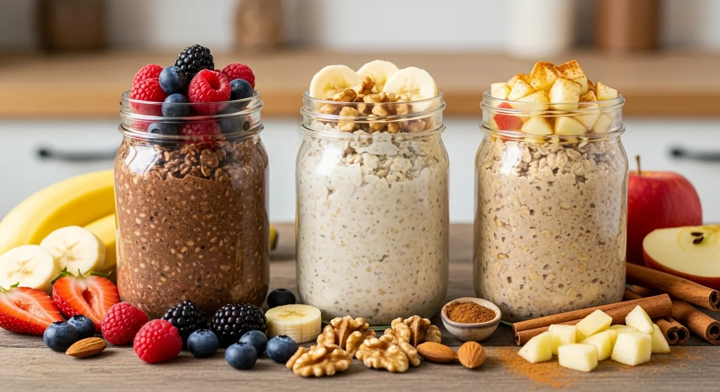 Vegan Meal Prep Ideas: How To Plan 7 Days Of Healthy Meals Fast 3 Three mason jars with overnight oats in chocolate, vanilla, and cinnamon flavors surrounded by fresh fruit - vegan breakfast meal prep