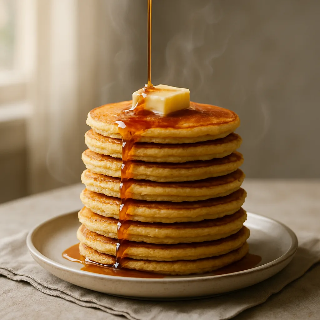 Stack of fluffy gluten-free pancakes with maple syrup pour (dairy-free option).