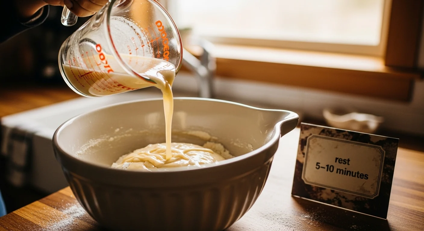 How To Make The Ultimate Fluffy Gluten Free Pancake Recipe | Easy GF & DF Recipe 3 Combining wet and dry for gluten free pancakes; batter resting 5–10 minutes.