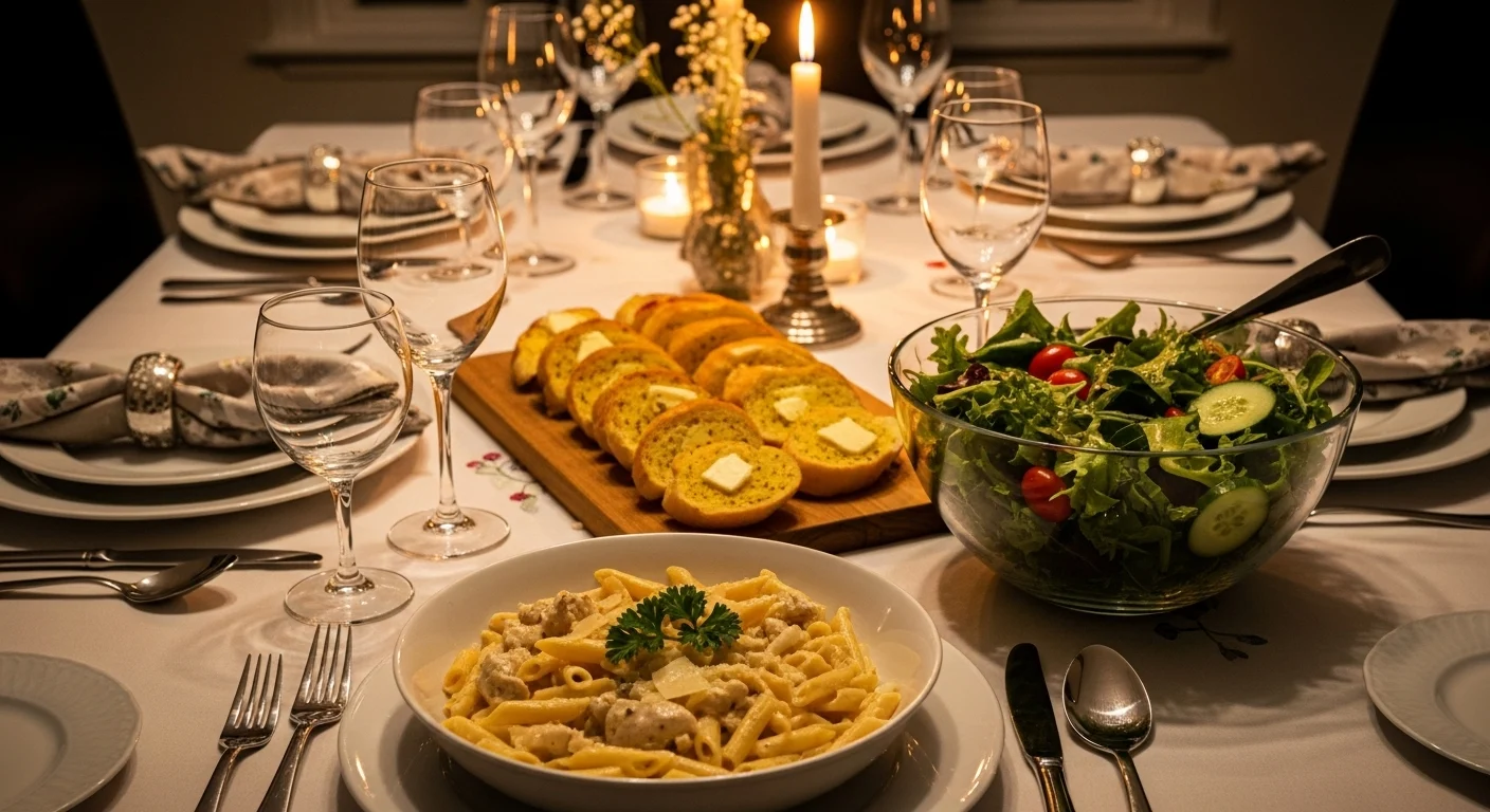 Chicken Alfredo Recipe: How To Make The Best Easiest & Creamiest Recipe 8 Complete dinner table setting featuring chicken alfredo recipe as main course with garlic bread and salad for family meal