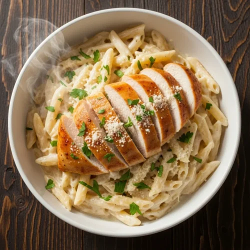 Creamy homemade chicken alfredo recipe with golden seared chicken, fettuccine pasta, and fresh parsley garnish in white bowl
