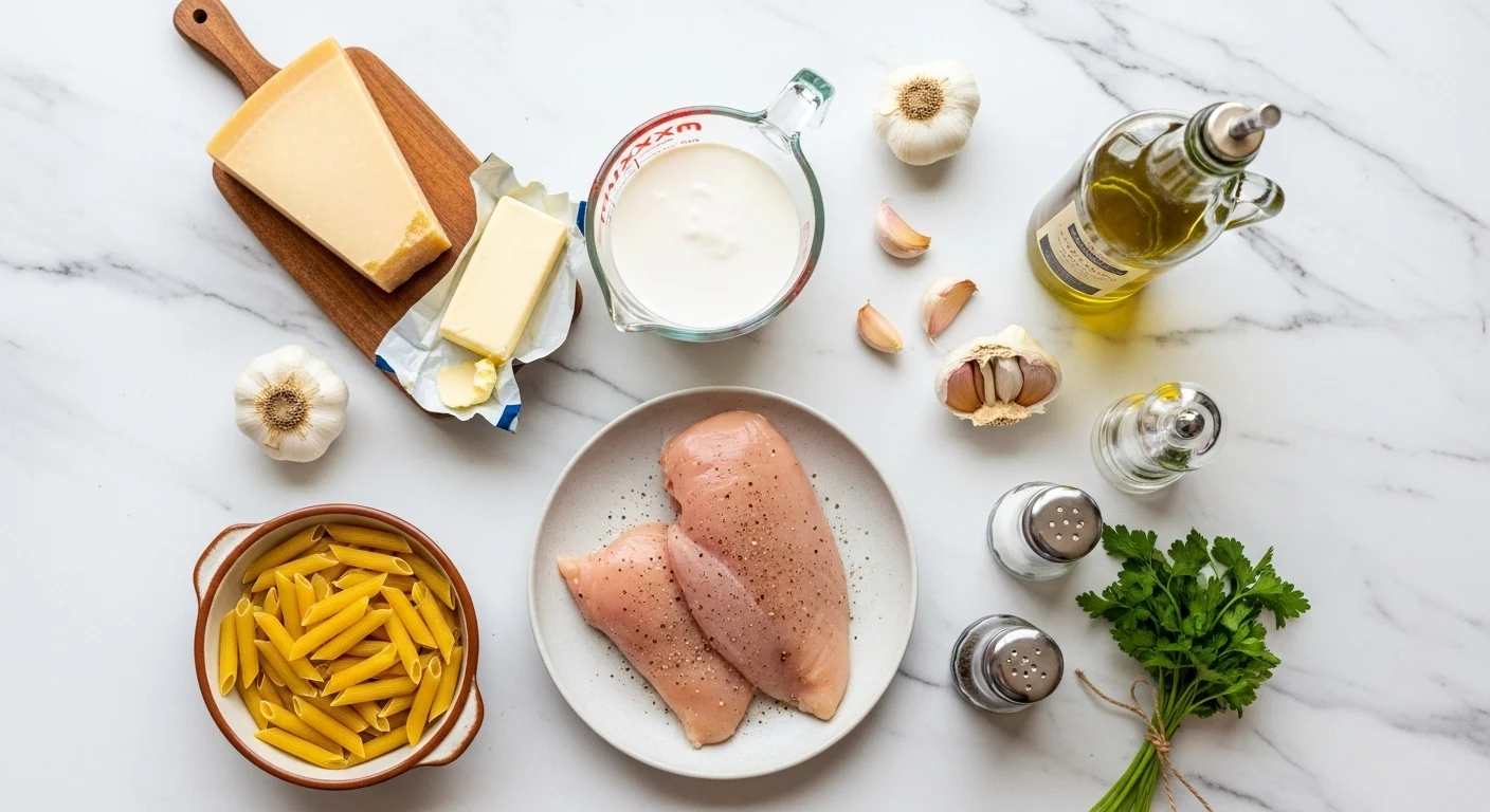 Chicken Alfredo Recipe: How To Make The Best Easiest & Creamiest Recipe 1 Easy chicken alfredo recipe ingredients including raw chicken breast, penne pasta, heavy cream, fresh garlic, and Parmesan cheese arranged on marble countertop