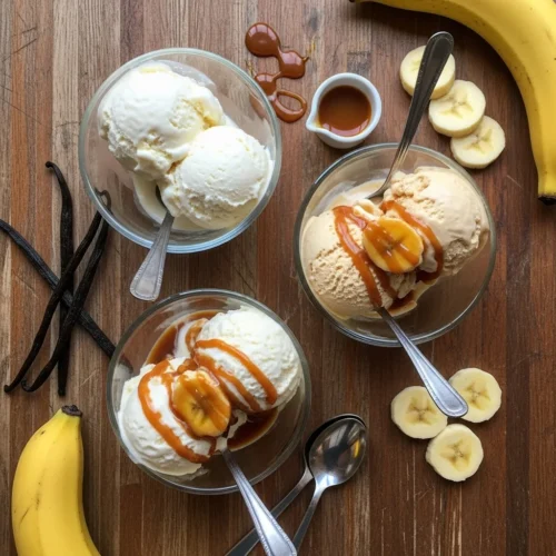Easy homemade ice cream recipes featuring vanilla, banana, and banana foster flavors in glass bowls with fresh ingredients