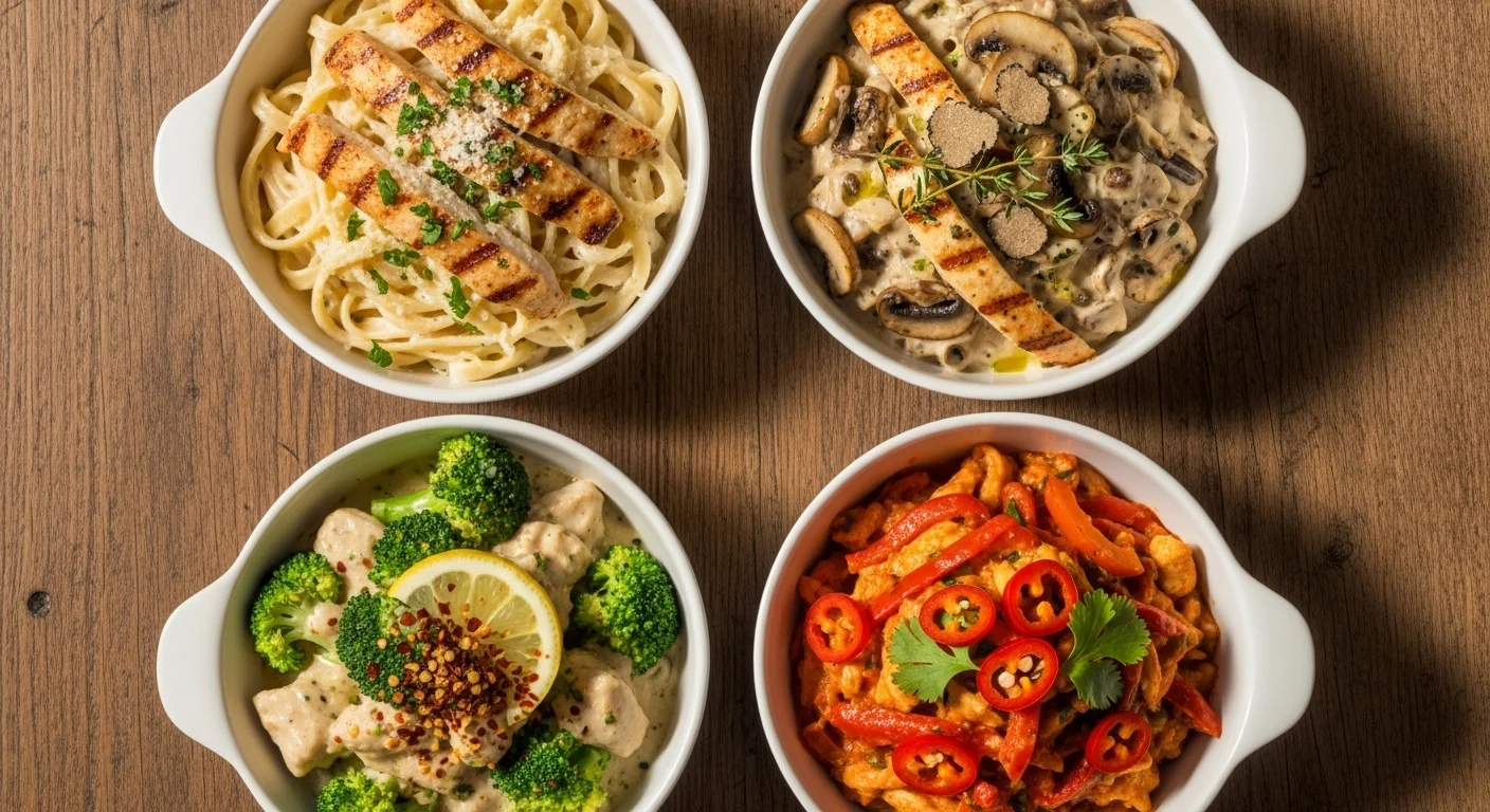 Chicken Alfredo Recipe: How To Make The Best Easiest & Creamiest Recipe 7 Four chicken alfredo recipe variations including classic, mushroom, broccoli, and spicy versions showing different ways to make homemade chicken alfredo