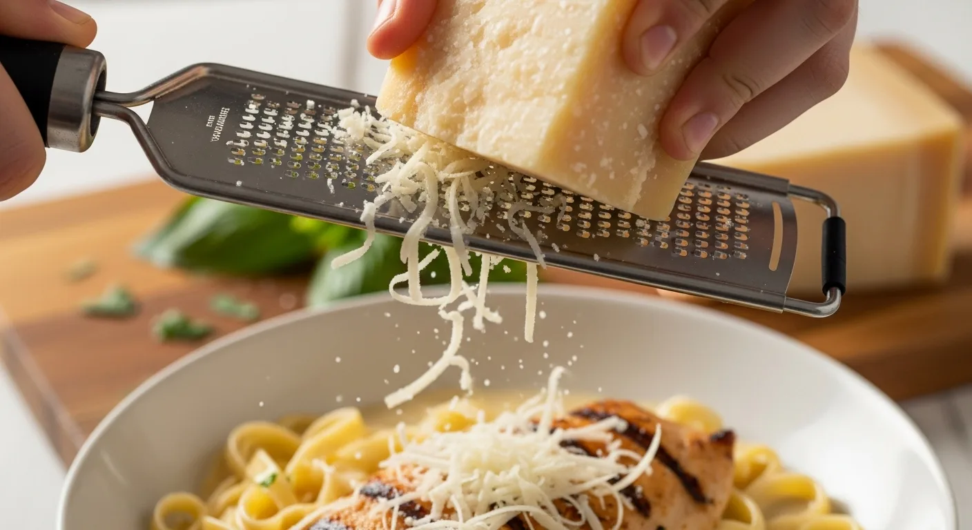 Chicken Alfredo Recipe: How To Make The Best Easiest & Creamiest Recipe 5 Fresh Parmesan cheese being grated for homemade chicken alfredo recipe, showing importance of freshly grated vs pre-shredded cheese