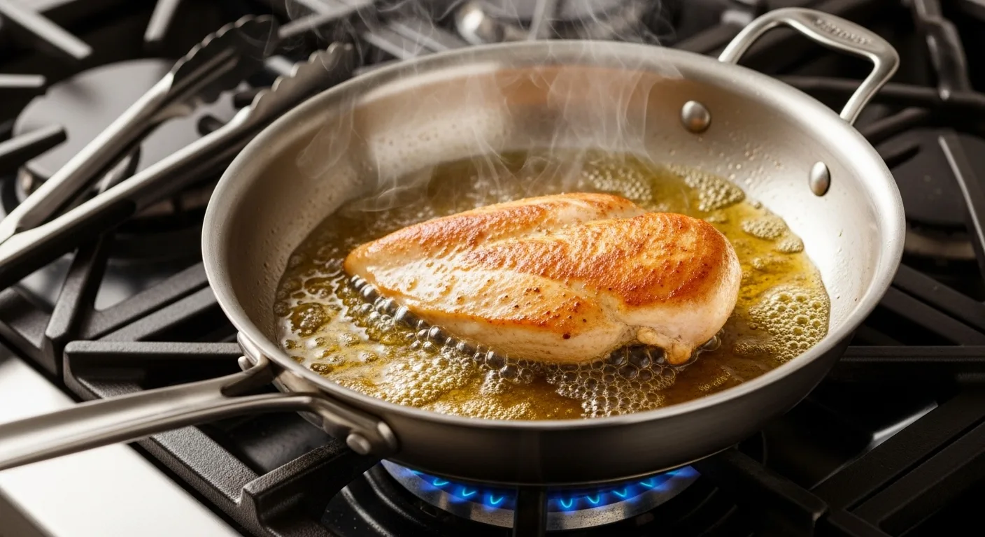 Chicken Alfredo Recipe: How To Make The Best Easiest & Creamiest Recipe 2 Golden-brown chicken breast cooking in skillet for homemade chicken alfredo recipe, showing proper searing technique