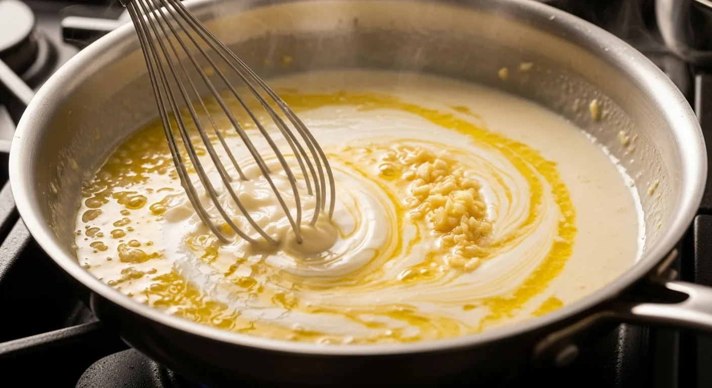 Chicken Alfredo Recipe: How To Make The Best Easiest & Creamiest Recipe 3 reamy alfredo sauce being whisked in pan with butter and garlic, demonstrating smooth sauce-making technique for chicken alfredo