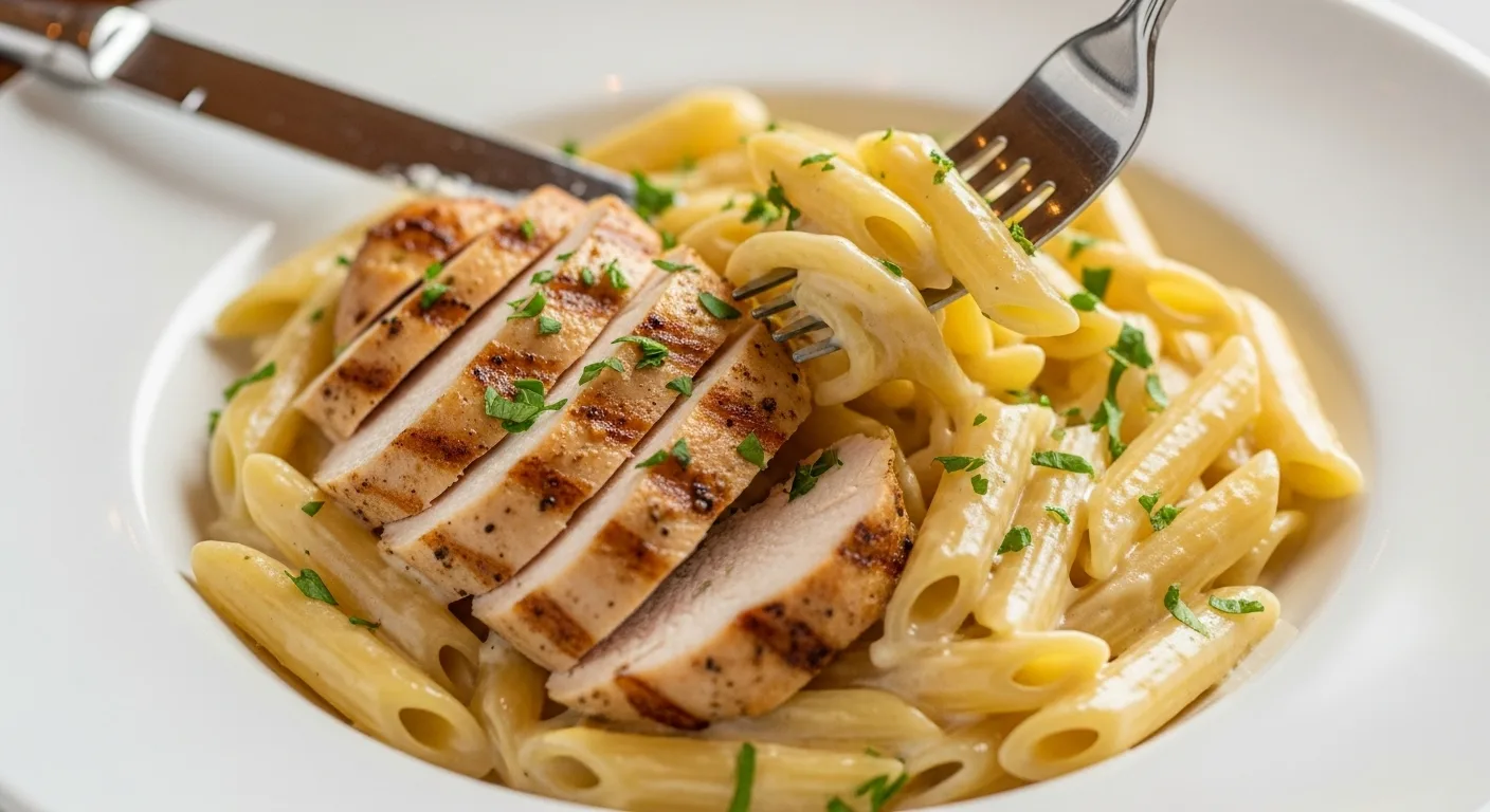 Chicken Alfredo Recipe: How To Make The Best Easiest & Creamiest Recipe 4 Restaurant-style plating of easy chicken alfredo with perfectly twirled fettuccine and sliced chicken breast being garnished with fresh parsley