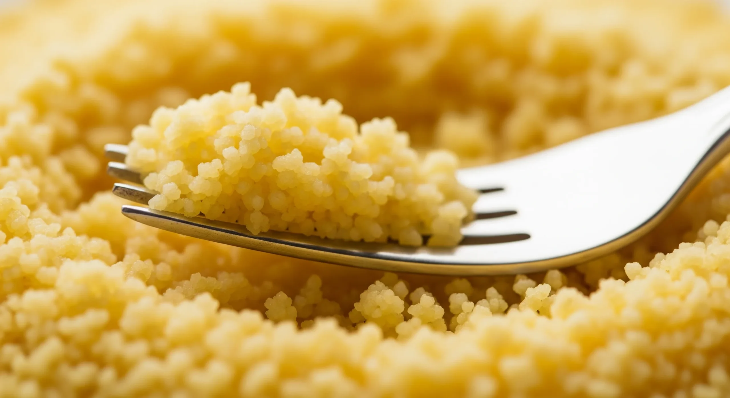 Moroccan Chicken Couscous: How to Cook It 3 Ways 4 Extreme close-up of perfectly fluffy couscous grains with a fork fluffing them, showing the light, airy texture. Golden color with visible separation between grains. Soft natural lighting highlighting the texture.
