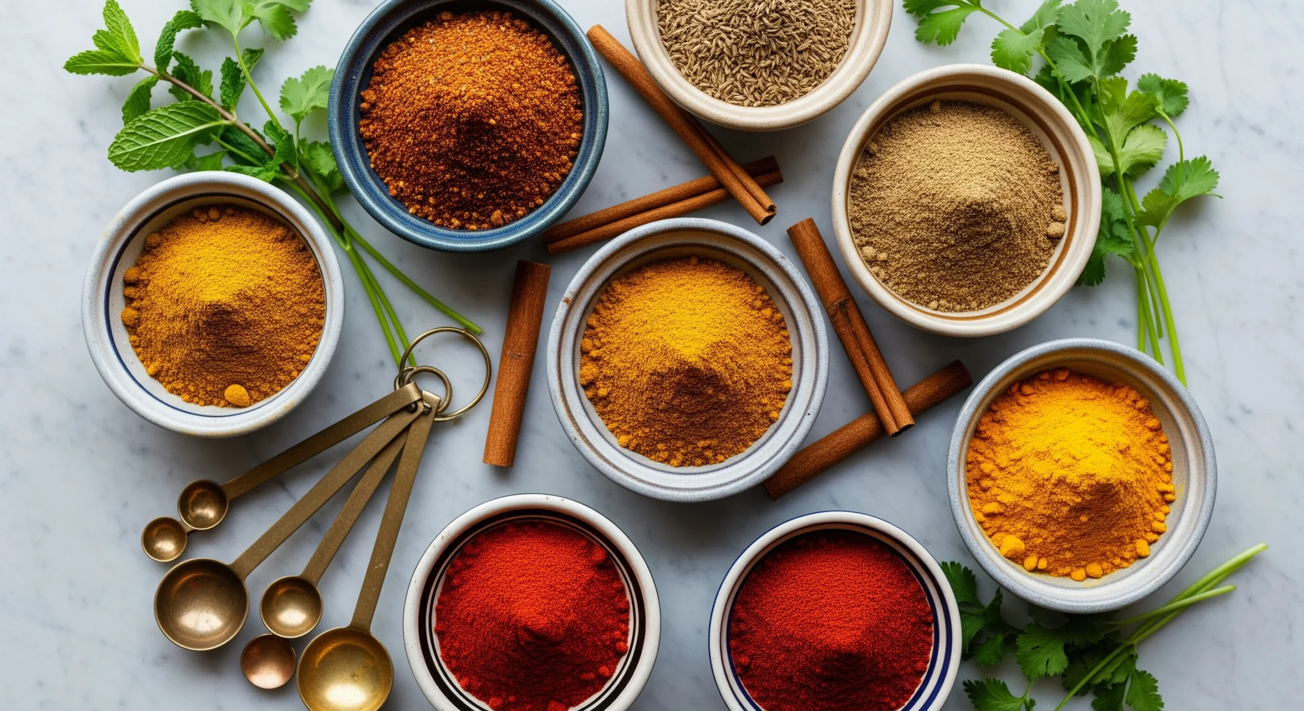 Moroccan Chicken Couscous: How to Cook It 3 Ways 5 Moroccan Spice ArrayOverhead flat lay of colorful Moroccan spices in small ceramic bowls: ras el hanout, cumin, coriander, cinnamon sticks, turmeric, and paprika. Arranged on a marble surface with measuring spoons and fresh herbs.