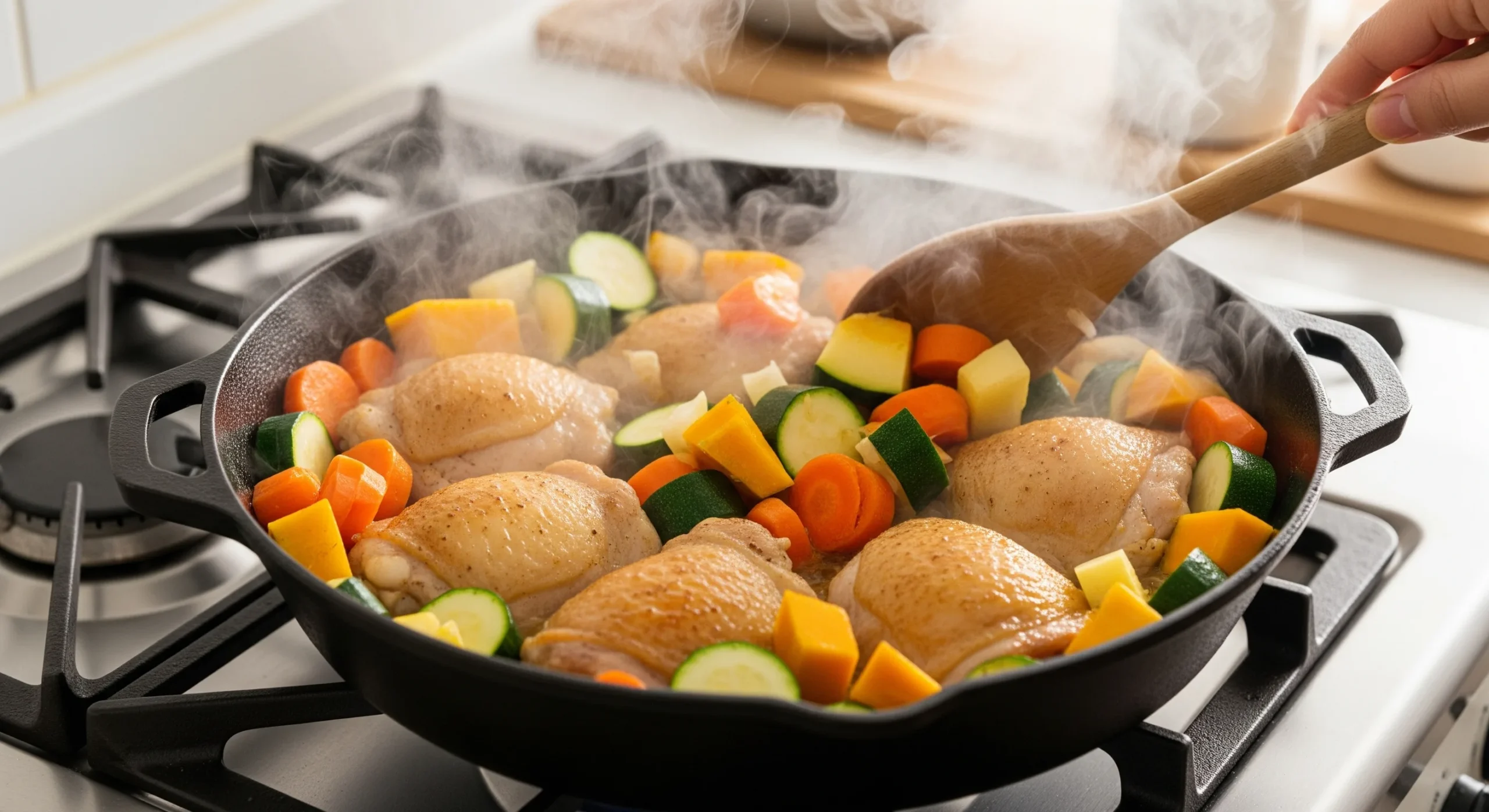 Moroccan Chicken Couscous: How to Cook It 3 Ways 3 Action shot of a large skillet on stovetop with browned chicken thighs, colorful vegetables (carrots, zucchini, pumpkin), and aromatic steam. Wooden spoon stirring the ingredients. Warm kitchen lighting.