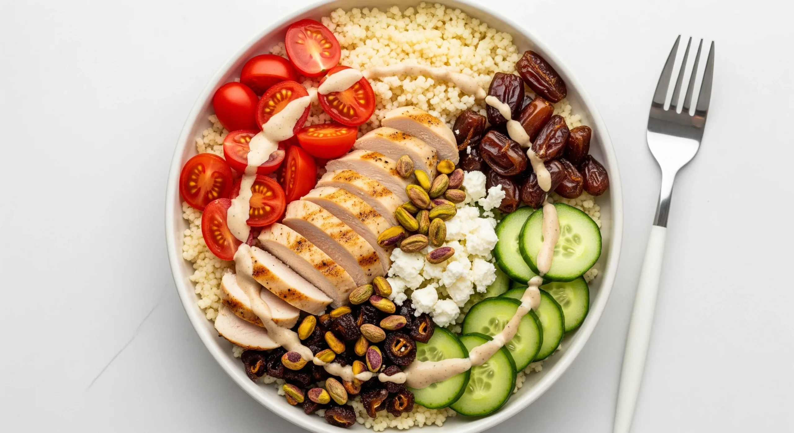 Moroccan Chicken Couscous: How to Cook It 3 Ways 2 Vibrant overhead shot of a modern bowl filled with cauliflower couscous, sliced grilled chicken breast, cherry tomatoes, cucumbers, dates, pistachios, and crumbled feta. Drizzle of creamy dressing. Fresh and colorful composition.